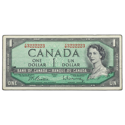 SOLD $1 1954 Bank of Canada Note Y/M Prefix - 2 Digit Radar Near Solid 3222223