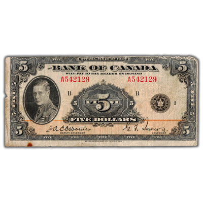 SOLD $5 1935 Bank of Canada Note English Text BC-5 - Small Piece Missing