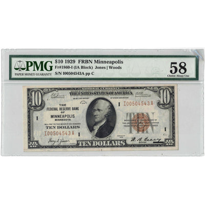 SOLD United States 1929 $10 Minneapolis National Note Fr. 1860-I - PMG AU-58
