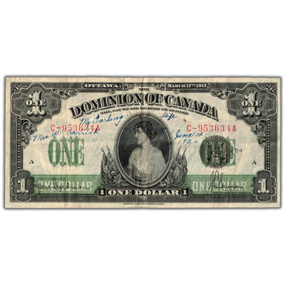 SOLD $1 1917 Dominion of Canada Note Series C Suffix A DC-23c - VF (writing)