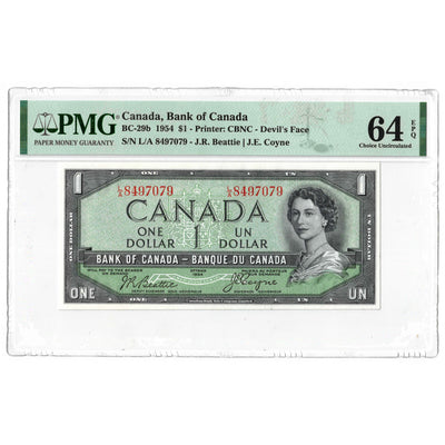 SOLD $1 1954 Bank of Canada Note Devil Face L/A Prefix BC-29b - PMG Ch UNC-64 EPQ