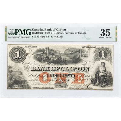 SOLD $1 1859 Bank of Clifton Canada Note - PMG VF=35