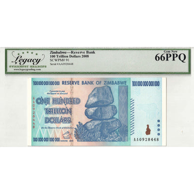 SOLD Zimbabwe 2008 100 Trillion Dollars Note P #91 - Legacy Gem UNC-66 PPQ