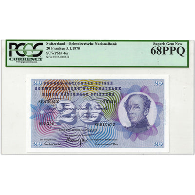 Switzerland 1970 20 Franken Note P #46r - PCGS Superb UNC-68 PPQ