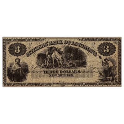 United States 1800's Citizen's Bank of Louisiana $3 Three Dollars Remainder Note