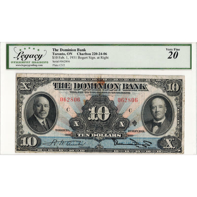 $10 1931 The Dominion Bank Canada Chartered Note #220-24-06 - Legacy VF-20