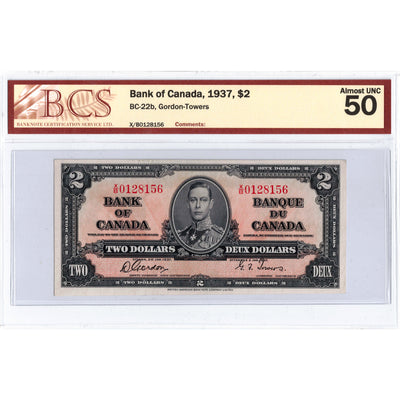 $2 1937 Bank of Canada Note Gordon-Towers X/B Prefix BC-22b - BCS AU-50