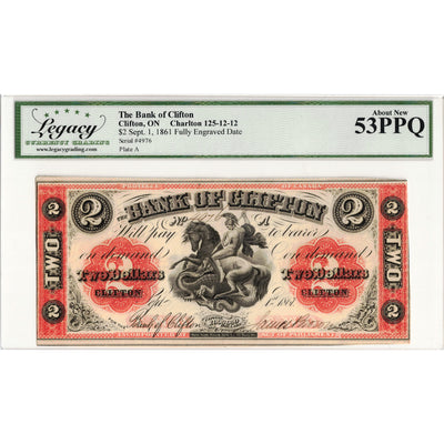 SOLD $2 1861 Bank of Clifton Chartered Note #125-12-12 - Legacy AU-53 PPQ