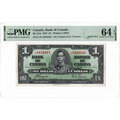 $1 1937 Bank of Canada Note Solid Serial 4444444 BC-21d - PMG Ch UNC-64 EPQ