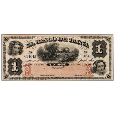 Peru El Banco de Tacna 1870's 1 Sol Remainder Note P #S382r - EF+