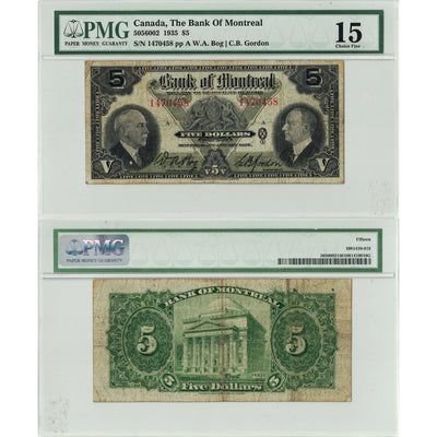 SOLD $5 1935 Bank of Montreal Canada Chartered Note #505-60-02 - PMG F-15