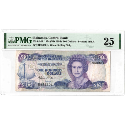SOLD Bahamas 1974 (ND 1984) $100 Note P #49 - PMG VF-25