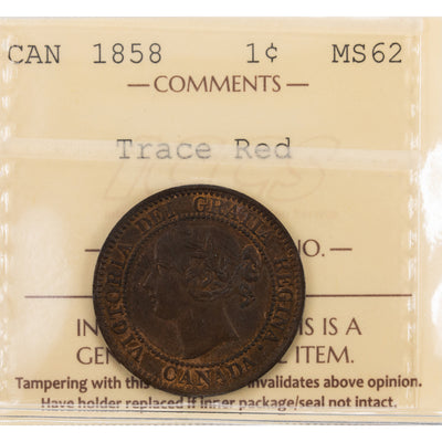 SOLD Canada 1858 1 Large Cent Coin - First Year of Issue - ICCS MS-62 Trace Red