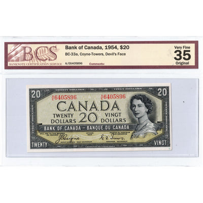 $20 1954 Bank of Canada Note Devil Face A/E Prefix BC-33a - BCS VF-35