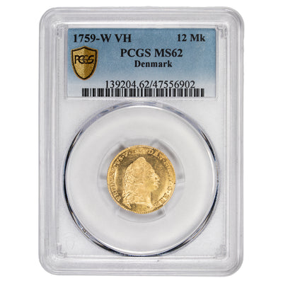SOLD Denmark 1759-W VH 12 Mark Gold Coin - PCGS MS-62