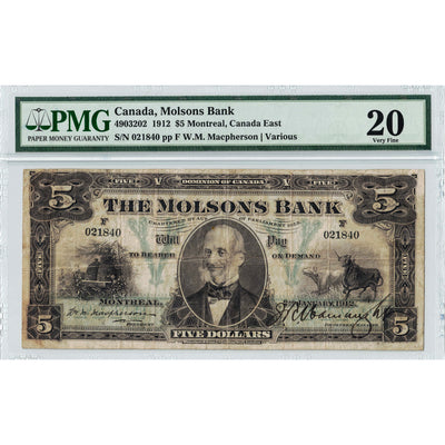 $5 1912 Molsons Bank Canada Chartered Note #490-32-02 - PMG VF-20