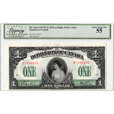 $1 1917 Dominion of Canada Note Series K ONE at Right DC-23a-ii - Legacy AU-55