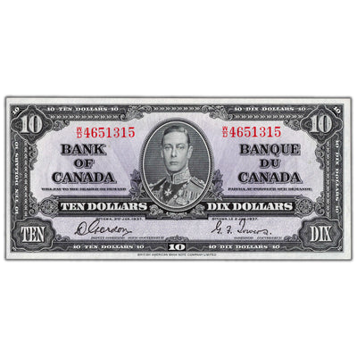 $10 1937 Bank of Canada Note Gordon-Towers W/D Prefix BC-24b - Choice UNC