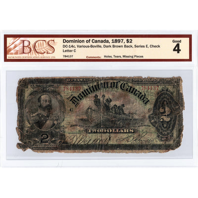 $2 1897 Dominion of Canada Note Boville Dark Brown Back DC-14c - BCS G-4
