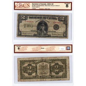 SOLD $2 1923 Dominion of Canada Note Black Seal Series T DC-26j - BCS VG-8