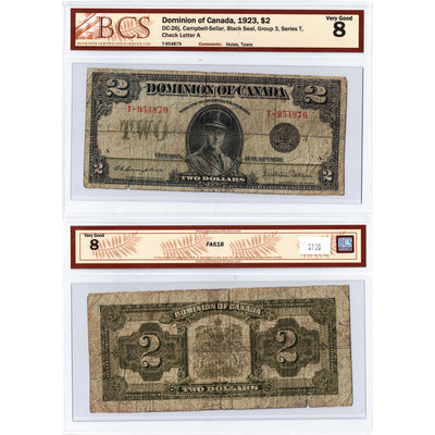 SOLD $2 1923 Dominion of Canada Note Black Seal Series T DC-26j - BCS VG-8