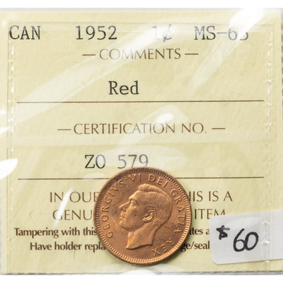 SOLD Canada 1952 1 Small Cent Coin - ICCS MS-65
