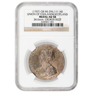 SOLD Great Britain (1707) Union of England & Scotland Silver Medal - NGC AU-58