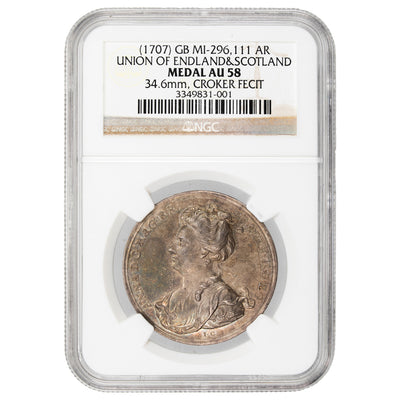 SOLD Great Britain (1707) Union of England & Scotland Silver Medal - NGC AU-58