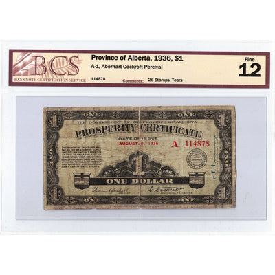$1 1936 Province of Alberta Prosperity Certificate Note 26 Stamps A-1 - BCS F-12