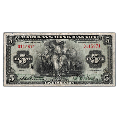 $5 1935 Barclays Bank Canada Chartered Note #30-12-02 - Fine