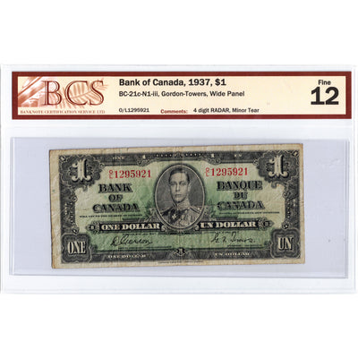 $1 1937 Bank of Canada Note BC-21c-N1-iii 4 Digit Radar - BCS F-12