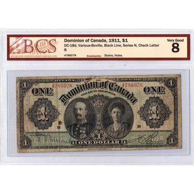 SOLD $1 1911 Dominion of Canada Note Black Line Series N Dc-18d - BCS VG-8