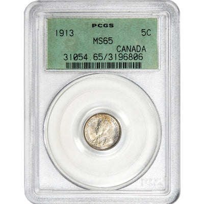 Canada 1913 5 Cents Silver Coin - PCGS MS-65