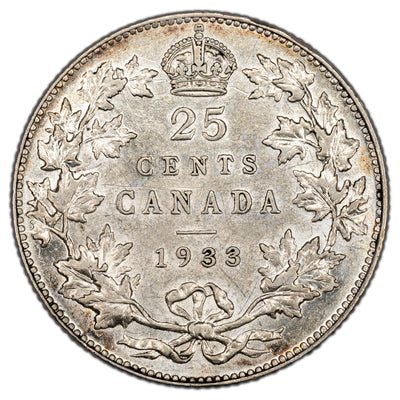 SOLD Canada 1933 25 Cents Quarter Silver Coin - AU-50 (rim hit)