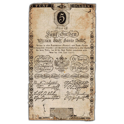SOLD Austria Wiener Stadt Banco 1806 5 Five Gulden Note P #A38a - Tears/Internal Tears