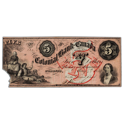 SOLD $5 1859 Colonial Bank of Canada Note #130-10-04-10 - AU (corner missing)
