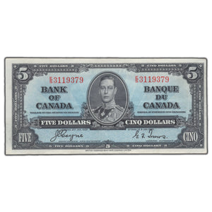 SOLD $5 1937 Bank of Canada Note Coyne-Towers E/S Prefix BC-23c - VF/EF
