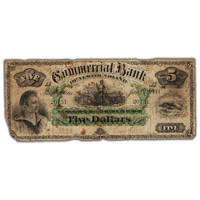 SOLD $5 1888 Commercial Bank of Newfoundland Chartered Note #185-18-06 - Damaged
