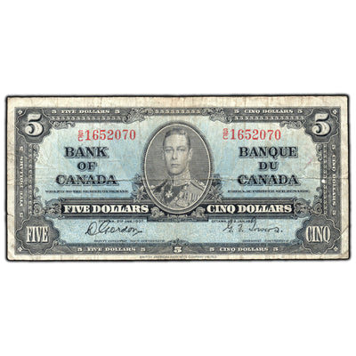 SOLD $5 1937 Bank of Canada Note Gordon-Towers S/C Prefix BC-23b