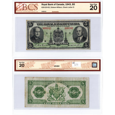SOLD $5 1943 Royal Bank of Canada Chartered Note #630-20-02 - BCS VF-20