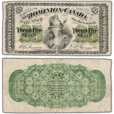 SOLD 25 Cents 1870 Dominion of Canada Shinplaster Note Plain DC-1c - Fine