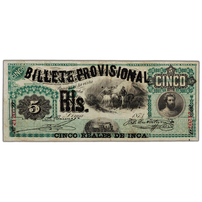 SOLD Peru 1881 5 Five Reales de Inca Note P #12 - F/VF (holes)