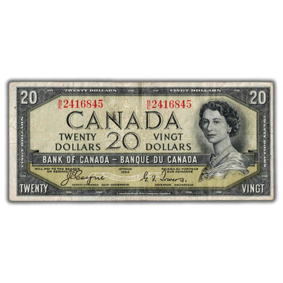 $20 1954 Bank of Canada Note Devil Face  B/E Changeover Prefix BC-33a - Fine+