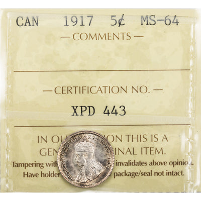SOLD Canada 1917 5 Cents Silver Coin - ICCS MS-64