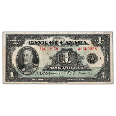 $1 1935 Bank of Canada Note English Text Letter 'A' BC-1  - VF (staining)