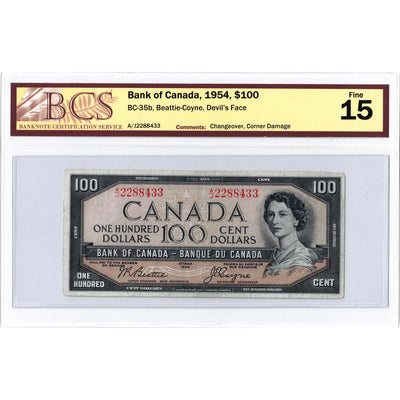 SOLD $100 1954 Bank of Canada Note Devil Face BC-35b - BCS F-15 (corner damage)