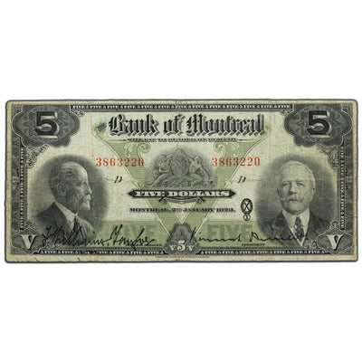 SOLD $5 1923 Bank of Montreal Canada Chartered Note #505-56-02 - Fine
