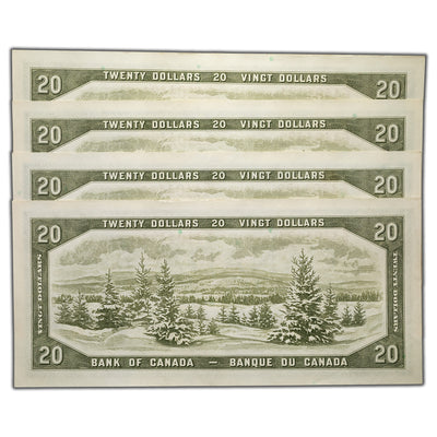 SOLD $20 1954 Bank of Canada Notes F/W Prefix BC-41b - 4 Consecutive - AU