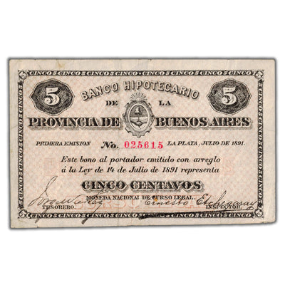 Argentina Banco Hipotecario 1891 5 Centavos Note P #S611 - AU