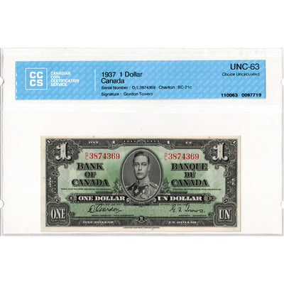 $1 1937 Bank of Canada Note Gordon-Towers D/L Prefix BC-21c - CCCS UNC-63